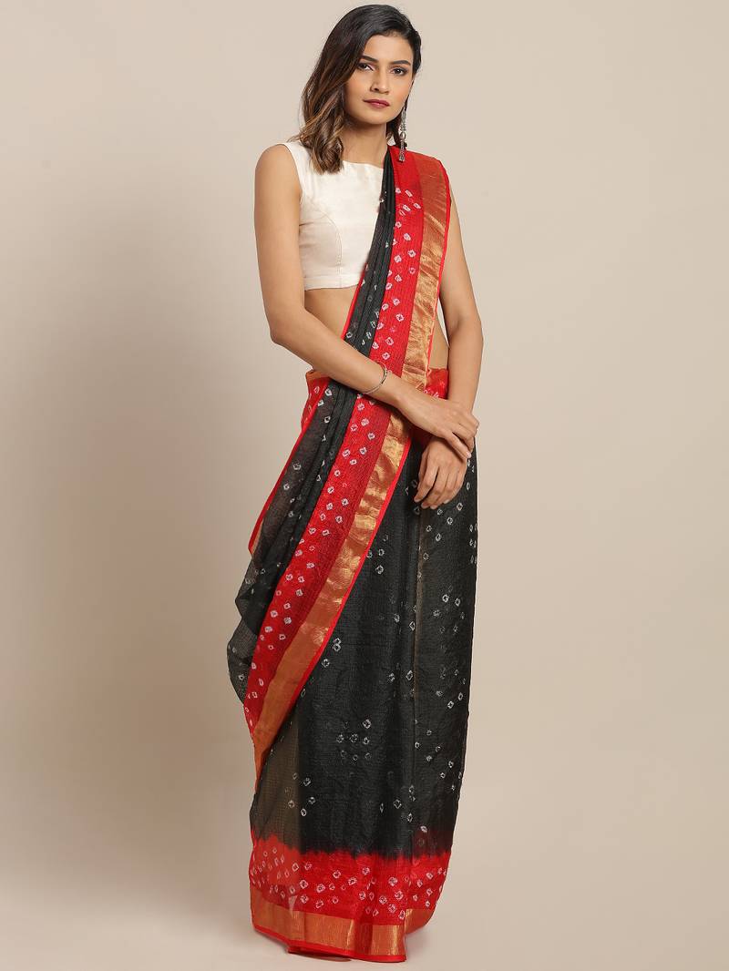 Black & Red Bandhani Kota Doria Silk Saree