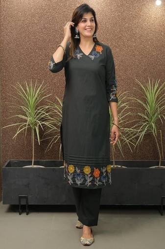 Floral embroidered pure cotton v neck kurta & trouser set
