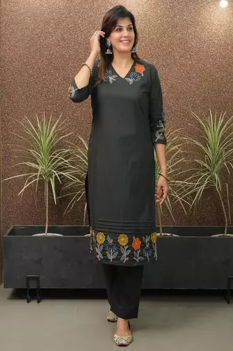 Floral embroidered pure cotton v neck kurta & trouser set