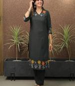 Floral embroidered pure cotton v neck kurta & trouser set
