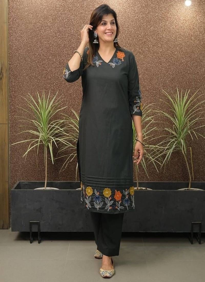 Floral embroidered pure cotton v neck kurta & trouser set