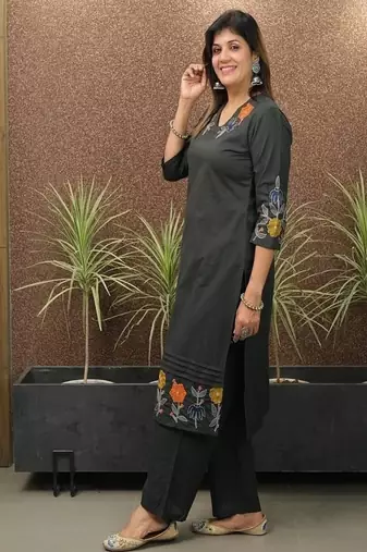 Floral embroidered  cotton v neck kurta & trouser set