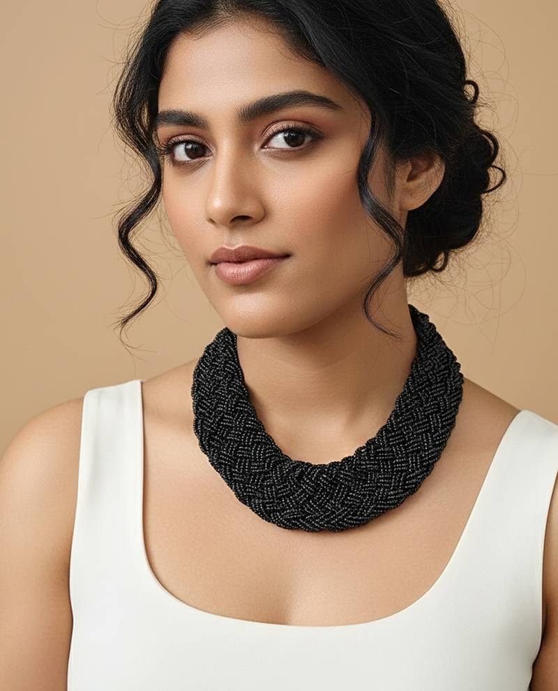 Nvr women vintage braided beads black coloured necklace