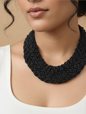 Nvr women vintage braided beads black coloured necklace 2
