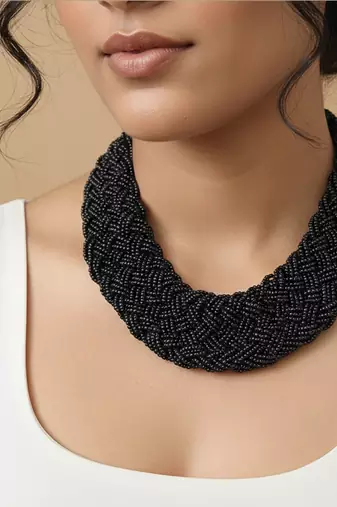 Nvr women vintage braided beads black coloured necklace