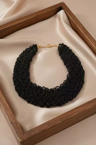 Nvr women vintage braided beads black coloured necklace
