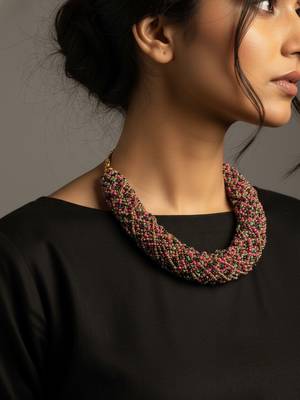 Nvr women vintage braided beads multi coloured necklace 1