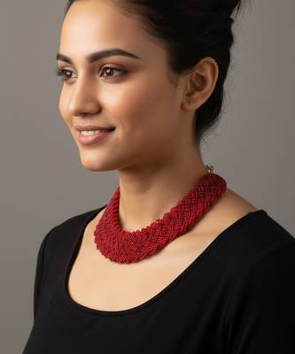 Nvr women vintage braided beads red coloured necklace 1
