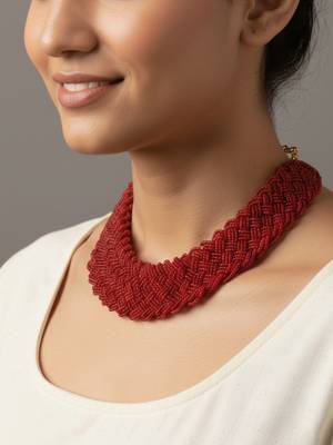 Nvr women vintage braided beads red coloured necklace 4