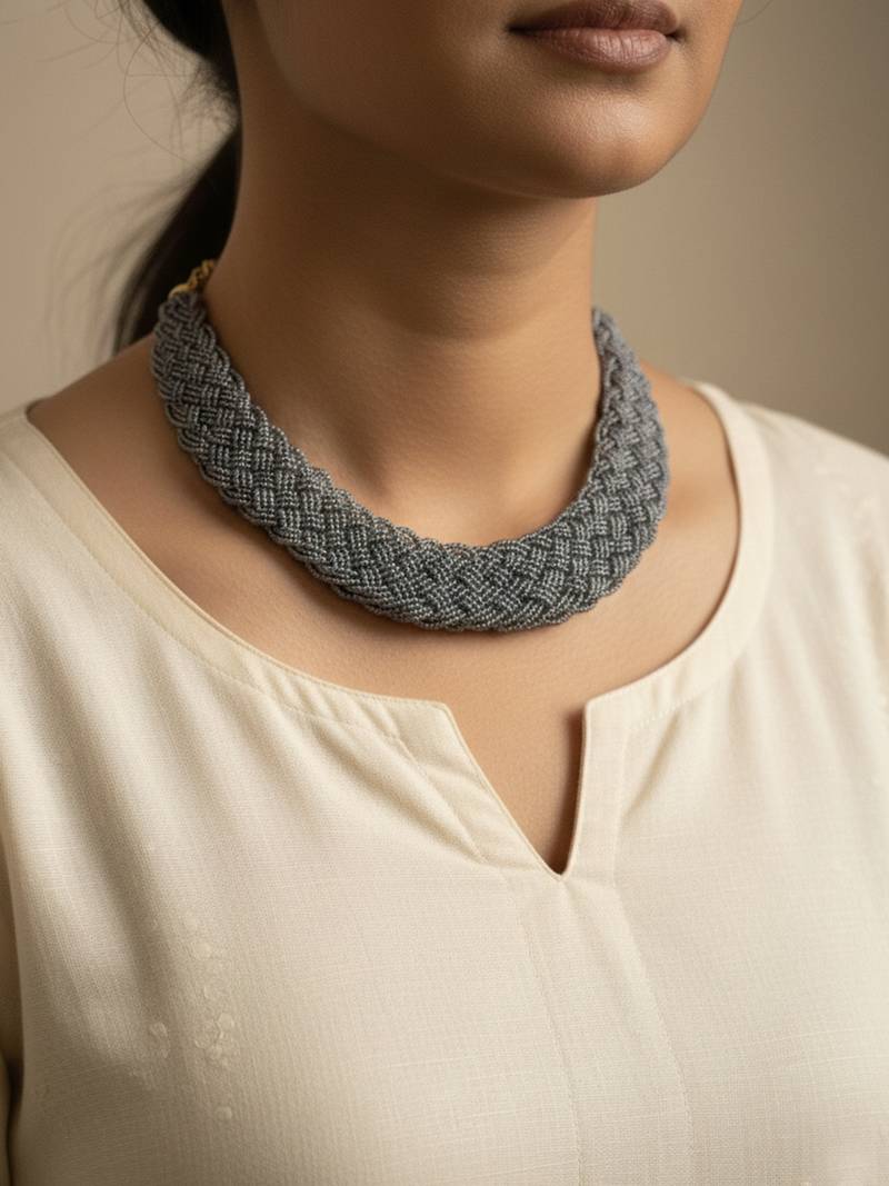 Nvr women vintage braided beads grey coloured necklace