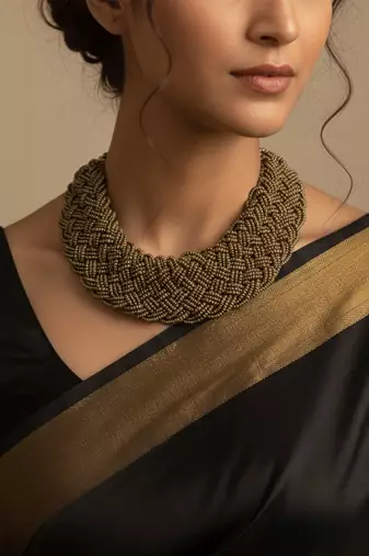 Nvr women vintage braided beads golden coloured necklace