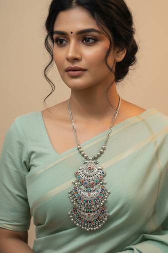 Nvr women oxidized silver plated multi-stone banjara necklace