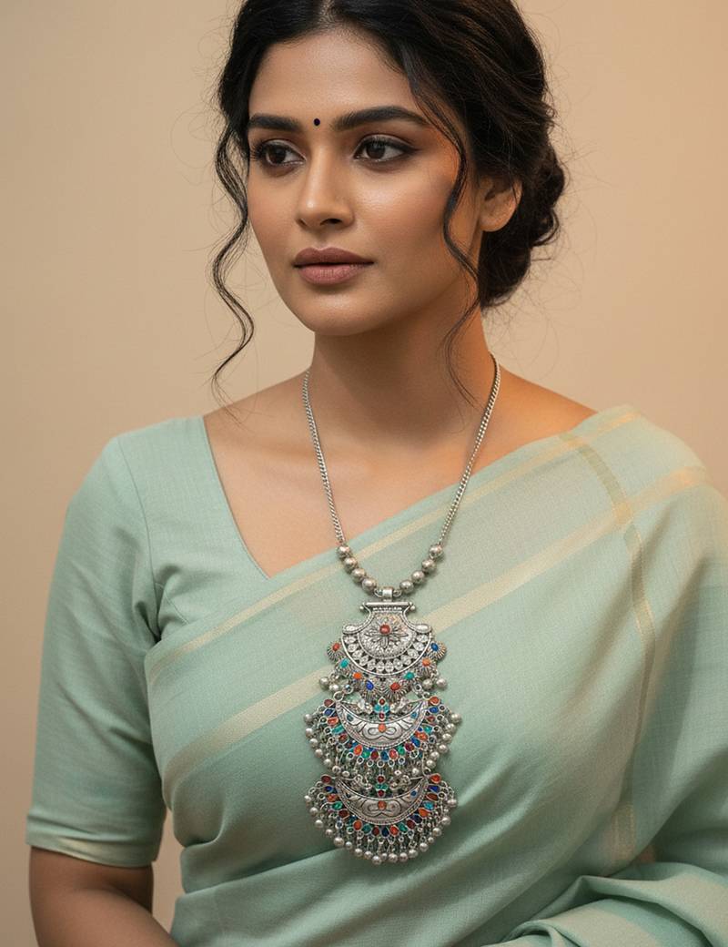 Nvr women oxidized silver plated multi-stone banjara necklace