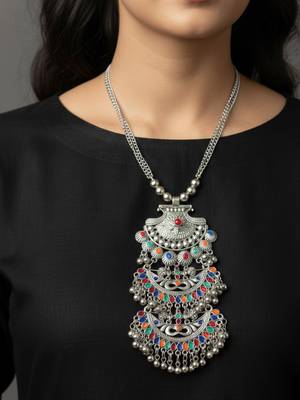 Nvr women oxidized silver plated multi-stone banjara necklace 3