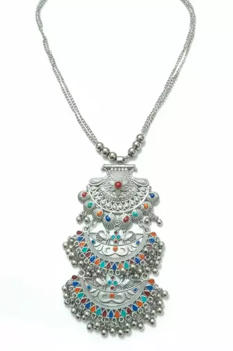 Nvr women oxidized silver plated multi-stone banjara necklace