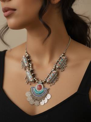 Nvr women oxidized silver plated multi color necklace with coin dangles 1