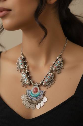 Nvr women oxidized silver plated multi color necklace with coin dangles