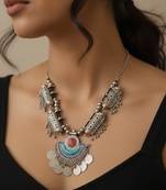 Nvr women oxidized silver plated multi color necklace with coin dangles