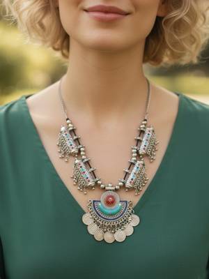 Nvr women oxidized silver plated multi color necklace with coin dangles 2