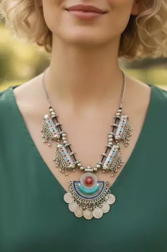 Nvr women oxidized silver plated multi color necklace with coin dangles