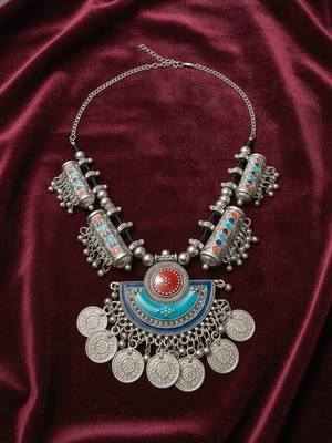 Nvr women oxidized silver plated multi color necklace with coin dangles 3