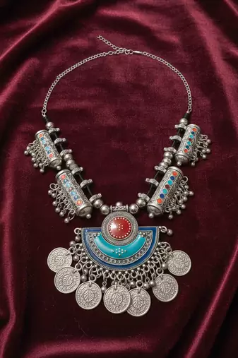 Nvr women oxidized silver plated multi color necklace with coin dangles