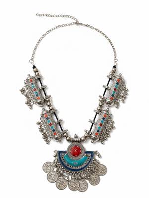 Nvr women oxidized silver plated multi color necklace with coin dangles 4