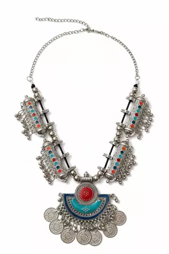 Nvr women oxidized silver plated multi color necklace with coin dangles