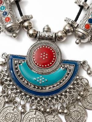 Nvr women oxidized silver plated multi color necklace with coin dangles 5