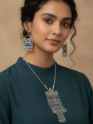 Nvr women german silver long necklace with earrings set 1