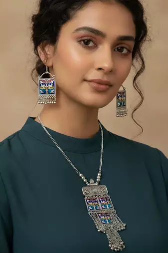 Nvr women german silver long necklace with earrings set