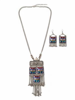 Nvr women german silver long necklace with earrings set 3
