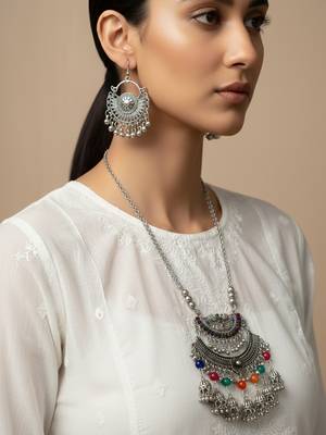 Nvr women oxidised silver-plated long chain necklace with earrings set 1