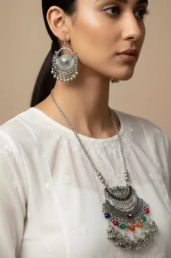Nvr women oxidised silver-plated long chain necklace with earrings set