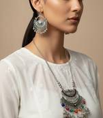 Nvr women oxidised silver-plated long chain necklace with earrings set