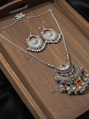 Nvr women oxidised silver-plated long chain necklace with earrings set 2