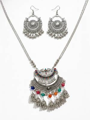 Nvr women oxidised silver-plated long chain necklace with earrings set 3
