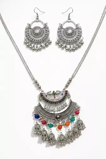 Nvr women oxidised silver-plated long chain necklace with earrings set