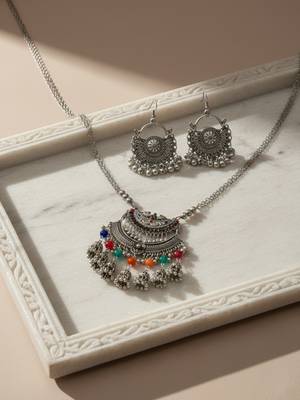 Nvr women oxidised silver-plated long chain necklace with earrings set 4