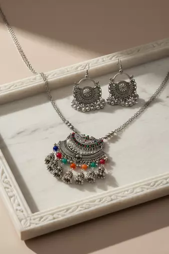 Nvr women oxidised silver-plated long chain necklace with earrings set