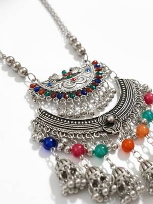 Nvr women oxidised silver-plated long chain necklace with earrings set 5