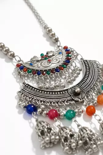 Nvr women oxidised silver-plated long chain necklace with earrings set