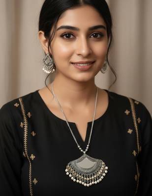 Nvr women oxidised silver finish mirror work necklace with earrings set 1