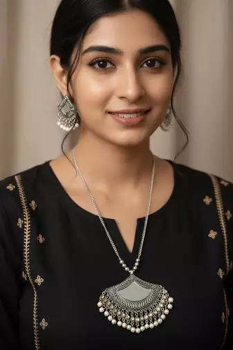 Nvr women oxidised silver finish mirror work necklace with earrings set