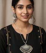 Nvr women oxidised silver finish mirror work necklace with earrings set