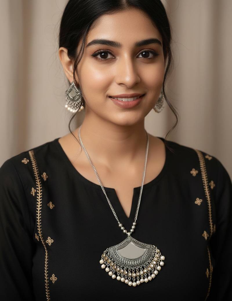 Nvr women oxidised silver finish mirror work necklace with earrings set