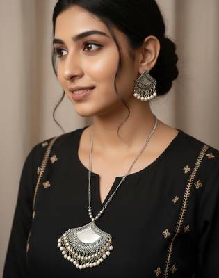 Nvr women oxidised silver finish mirror work necklace with earrings set 2