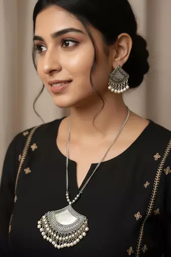 Nvr women oxidised silver finish mirror work necklace with earrings set