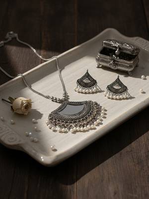 Nvr women oxidised silver finish mirror work necklace with earrings set 3