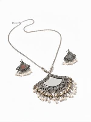 Nvr women oxidised silver finish mirror work necklace with earrings set 4